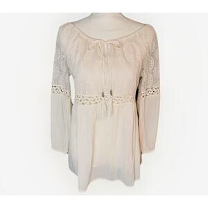 SUNDANCE SM Peasant Top Cottage Boho Romance Lace Balloon Sleeve Tassel Babydoll